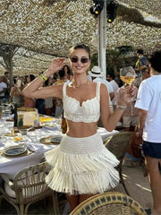 Aiertu - Hollow Out Knit Two Piece Set Women Sleeveless Cropped Tank Top+Tassel Mini Skirts Summer Holiday Elegant Sexy Skirts 2025 New Aiertu