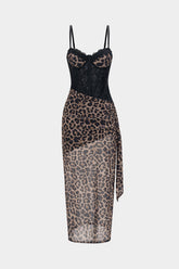 Aiertu Leopard Print Bustier Lace Slip Sleeveless Maxi Dress Aiertu