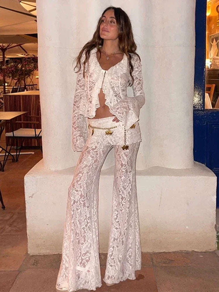 Aiertu - Women's Lace Long Pant Sets Sexy See Through Slim Cardigan Top High Waist Trousers Female Fashion Matching Sets Autumn Aiertu