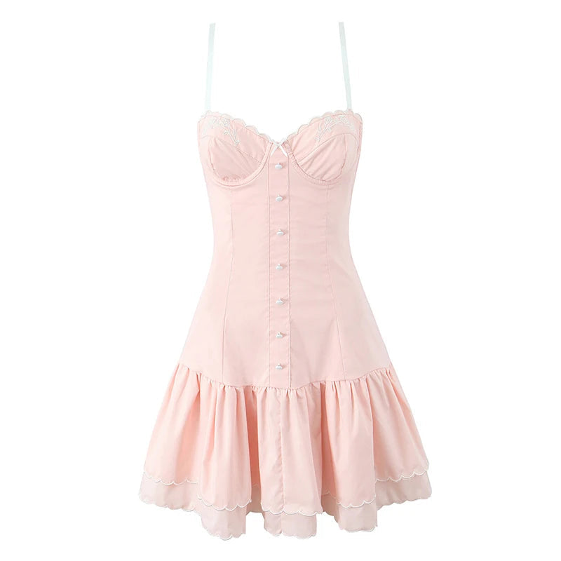 Aiertu - Sexy Sweet Women Floral Embroidery Spaghetti Straps Dress Fashion High Waist A-line Mini Summer Dresses Female Lace Up Robe Aiertu