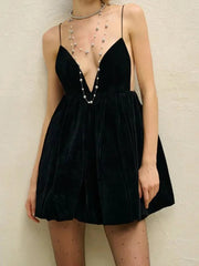 Aiertu - Elegant Velvet Backless Women Dresses Pleated Solid Sling Female Dress 2024 Winter Christmas Sleeveless A-line Evening Lady Robe Aiertu