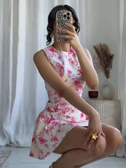 Aiertu - Sweet Printed Party Dress Women O-neck Sleeveless Pleated A-line Mini Dresses Female 2025 Spring Summer Fashion Print Lady Robe Aiertu