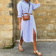 Aiertu - Women Fashion Single-breasted Shirt Dress Office Elegant Lapel Striped Printed Party Dress Casual Long Sleeve Loose Midi Dresses Aiertu