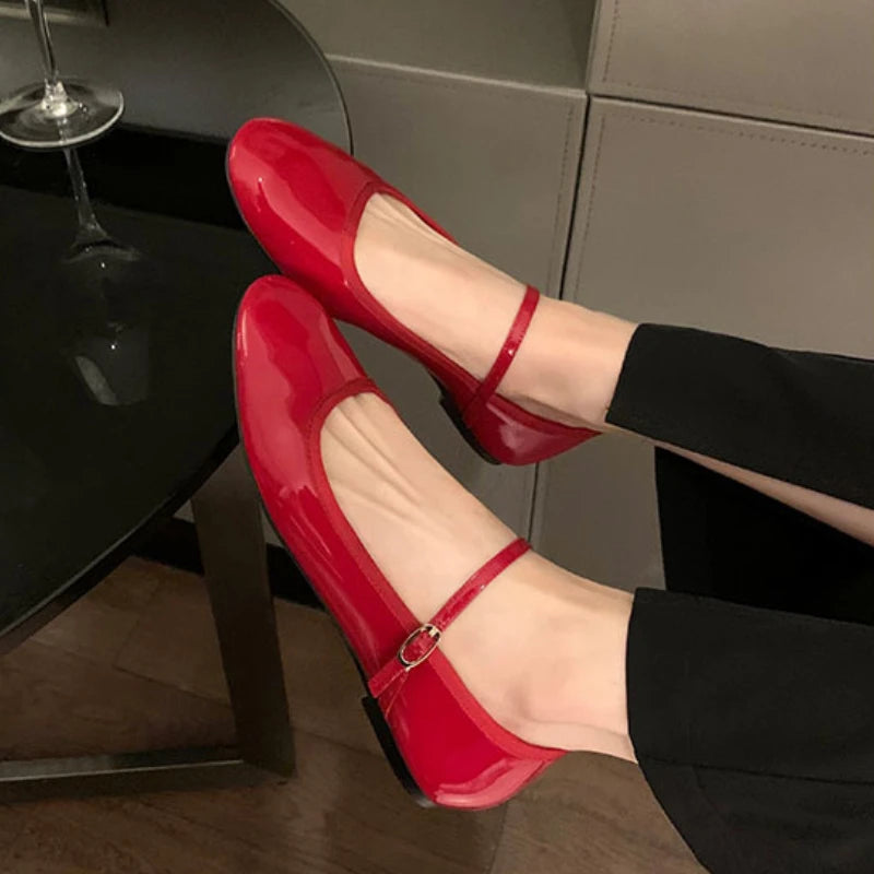 Aiertu - Shiny PU Leaather Flats Mary Janes Shoes Women Red Elegant Basic Pointed Toe Loafers Spring Autumn Daily Casual Black Shoes New Aiertu