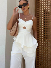 Aiertu - Elegant Ruffled Hem Tank Top Pants Set Women Sleeveless Backless Slim Vest High Waist Straight Trousers Suit 2026 Summer Chic Aiertu