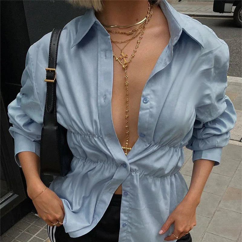 Aiertu - Elegant Fashion Shirring Button Shirt Women Casual Solid Long Sleeve Lapel Blouses Shirts Spring Slim Tops Tunic Blusas Streetwe Aiertu