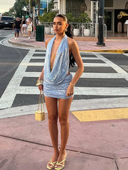 Aiertu - Sequins Tank Top Mini Skirt Sets Women Halter Backless V-neck Lace Up Vest Skirts Suits 2026 Summer Evening Party Lady Robe Aiertu