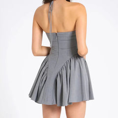 Aiertu - Sexy Backless Gray Striped Halter Mini Dress Women Front Button Low Waist Fit And Flare Slim Dress Summer Robe New 2025 Aiertu