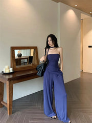 Aiertu - Sweet Hot Girl Pure Sexy Suit Women's Summer Irregular Slit Strapless Vest Wide Leg Pants Two-piece Set Fashion Female Clothes Aiertu