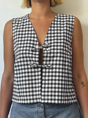 Aiertu - Women Y2k Gingham Tie front Tank Top Sleeveless V-Neck Open front Vest Crop Top Aesthetic Vintage Summer Cami Shirt Streetwear Aiertu