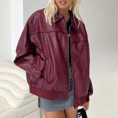 Aiertu - Women Y2k Oversized Faux Leather Jackets Lapel Collar Zip Up Motorcycle Coats Fall Fashion Leather Bomber Jacket Aiertu