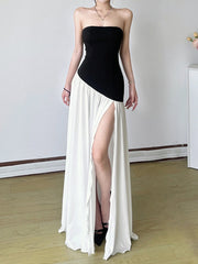 Aiertu - Elegant Fashion Slim Patchwork Split Tube Dress Holiday Sexy Slash Neck Sleeveless Maxi Dresses For Women 2026 Summer Aiertu