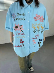 Aiertu - Harajuku Embroidery Floral Blouse Female Short Sleeve Oversize Summer Shirts for Women American Retro Button Up Cardigan Aiertu