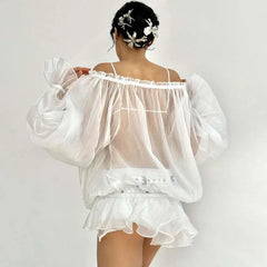 Aiertu - Off Shoulder See Through Long Sleeve T Shirt Women Sexy Mesh Lace Up Flare Sleeve White Loose Backless Club Hot Girl Top Aiertu