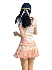 Aiertu Women's Summer Mini Skirts Cute High Waist Lace Patchwork Ruffle Hem A-Line Skirts Aiertu