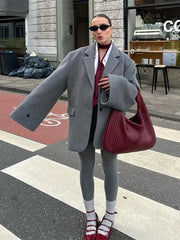 Aiertu - Fashion Gray Lapel Blazer Coat Women's Oversized Long Sleeves Pocket Loose Suit Jacket New Casual Office Lady Wool Outerwear Aiertu