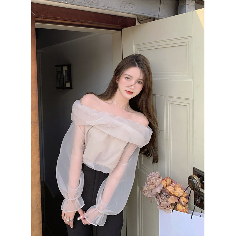 Aiertu Slash Neck Shirts Women Sweet Mesh Off Shoulder Blouses Office Lady Korean Fairy Elegant Puff Long Sleeve Slim Chic Tops Aiertu