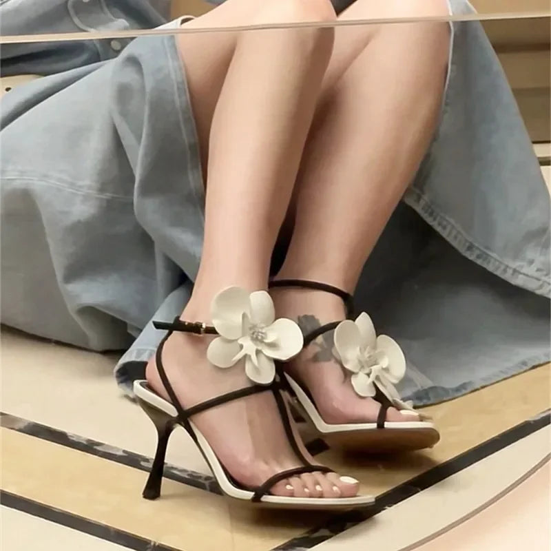 Aiertu - Women's Summer New Fashion Floral Designer Sexy Open Toe Stilettos PU Leather Elegant Slip On Party Dress Ladies Sandals Aiertu
