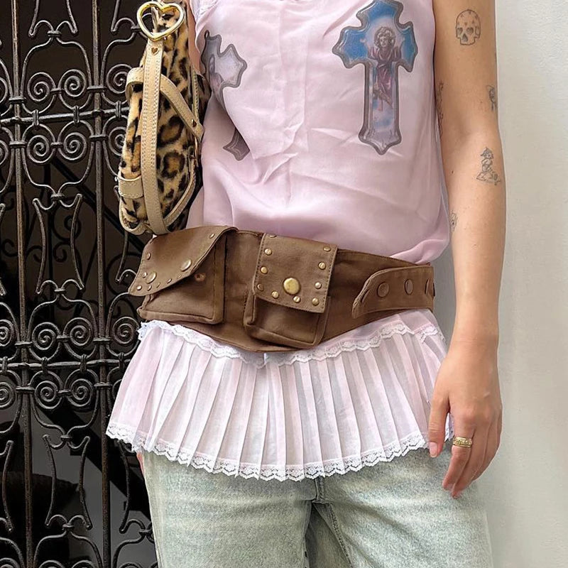 Aiertu - Harajuku Brown Buttons Vintage Female Belts Pockets Y2K Grunge Bum Bag Waistband Accessories Wide Sashes Outfits Aiertu