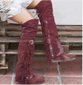 Aiertu - Fashion Bohemia Knee-length Women Boots Ethnic Personality High Boots Tassels Faux Suede Boots Girl Flat Bottom Long Botas Mujer Aiertu