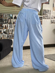 Aiertu - Blue Stripe Pants Women Y2k Fake Two Piece Wide Leg Sweatpants Baggy Kpop Sport Trousers Hip Hop Harajuku Summer Bottoms Aiertu