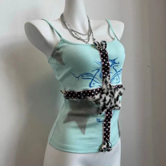 Aiertu - Kawaii American hot girl Mint green leopard cross star pattern love print suspender T-shirt for women summer sleeveless slim top Aiertu
