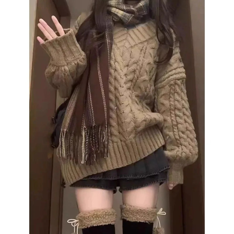 Aiertu - Retro V-neck Twist Knitted Pullover Oversized Sweater Women Winter New Fashion Street Loose Thickened Casual Simple Sweater Aiertu