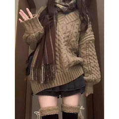 Aiertu - Retro V-neck Twist Knitted Pullover Oversized Sweater Women Winter New Fashion Street Loose Thickened Casual Simple Sweater Aiertu