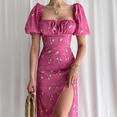 Aiertu - Puff Sleeve Floral Fields Maxi Dress Aiertu