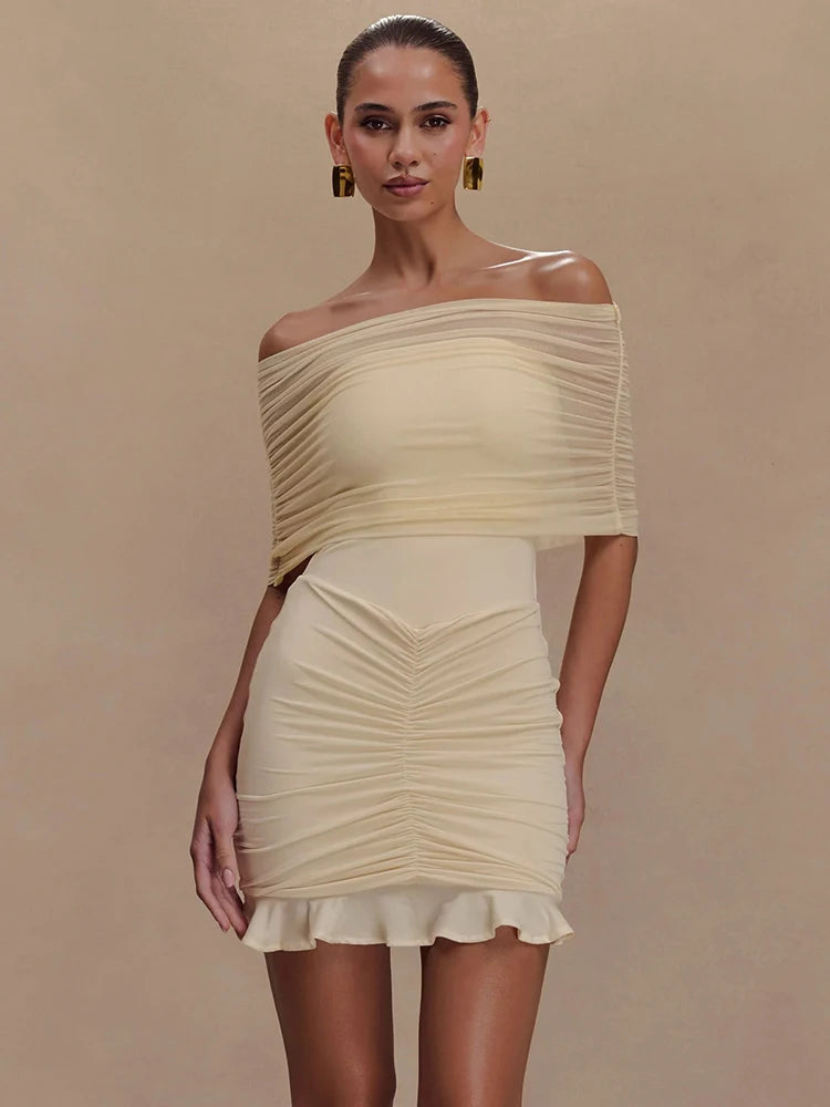 Aiertu - Mesh Strapless Off-shoulder Sexy Ruffled Mini Dress For Women Fashion Backless High Waist Female Ruched Party Dress Aiertu