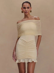 Aiertu - Mesh Strapless Off-shoulder Sexy Ruffled Mini Dress For Women Fashion Backless High Waist Female Ruched Party Dress Aiertu