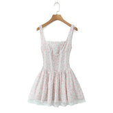 Aiertu - Sweet Floral Print Front Cross Lacing Up Front Slim Elastic Low Waist Tank Dress Women Swing A-lined Sling Dresses Robe Aiertu