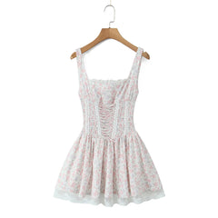 Aiertu - Sweet Floral Print Front Cross Lacing Up Front Slim Elastic Low Waist Tank Dress Women Swing A-lined Sling Dresses Robe Aiertu