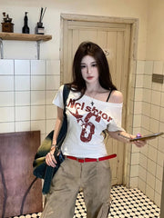 Aiertu - Y2k Sport Summer Off shoulder Top Women Sexy Vintage 2000s Short sleeve T shirt Lady Body Basic Crop Top Female Casual Aiertu