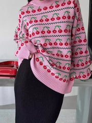 Aiertu - Women's Round Neck Cherry Printed Sweater Autumn Winter New Mid Length Fashion Top Retro Knitted Sweater Pullover Aiertu