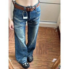 Aiertu - Y2K Fashion Blue Simple Casual Straight Jeans Woman Autumn Retro Streetwear Washed Loose Harajuku Street Straight Jeans Aiertu