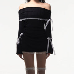 Aiertu - Off Shoulder Lace Splice Tie Up Long Sleeve Mini Dress Aiertu