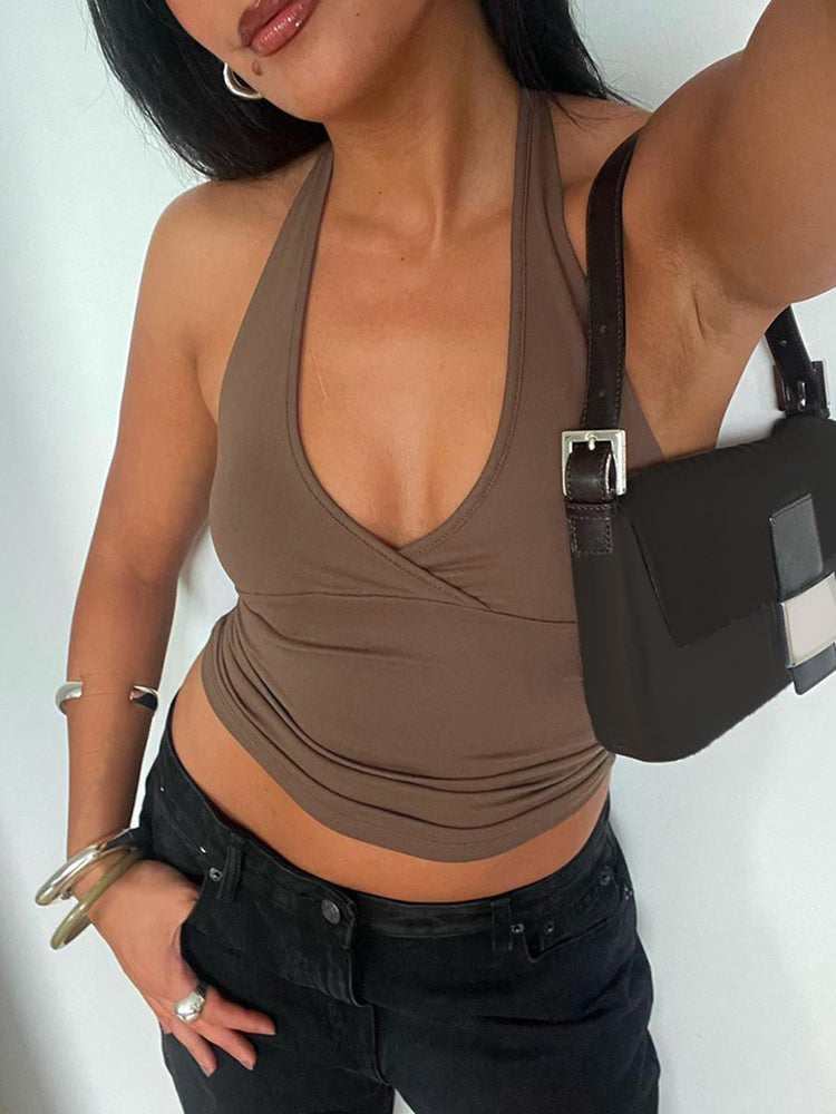 Aiertu - summer inspo Cross Tie Halter V Neck Crop Top Women Solid Basic Casual Slim Backless Sexy Tank Vest Aiertu