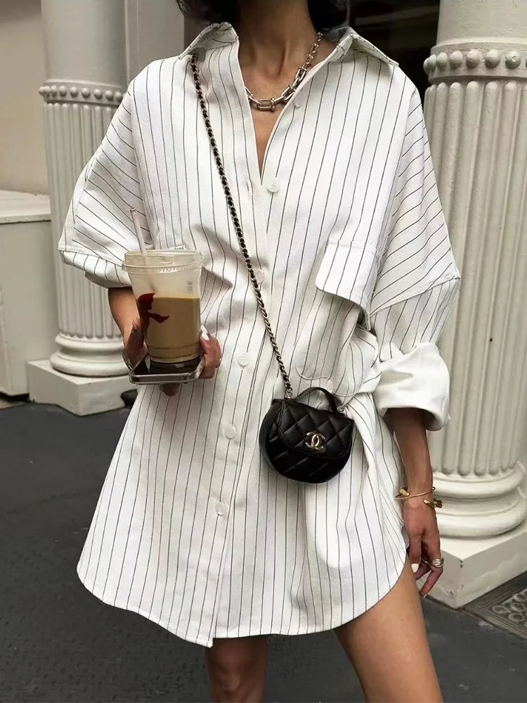 Aiertu - White Stripe Shirt Dress Women Autumn Spring Slit Casual Oversize Single Breasted Turn Down Collar Short Summer Dress Aiertu