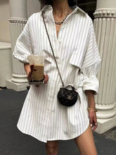 Aiertu - White Stripe Shirt Dress Women Autumn Spring Slit Casual Oversize Single Breasted Turn Down Collar Short Summer Dress Aiertu