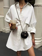 Aiertu - White Stripe Shirt Dress Women Autumn Spring Slit Casual Oversize Single Breasted Turn Down Collar Short Summer Dress Aiertu