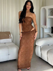 Aiertu - New Brown Lace Print High Waist Long Skirt Suit Women Sexy Off Shoulder Slim Short 2 Piece Set Summer New Party Holiday Outfits Aiertu