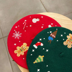 Aiertu - Christmas Beret Women's Hand-embroidered Wool Felt Hat for Autumn Winter New Holiday Cute Red Green Painter Hat Warm Pumpkin Hat Aiertu