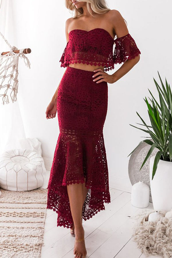 Aiertu - Elegant Solid Hollowed Out Backless Strapless Short Sleeve Two Pieces(3 Colors) Aiertu