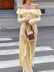 Aiertu - Elegant Maxi Dress Tassel Ruffles Women Slash Neck Off Shoulder Full Sleeve Ladies Evening Party Prom Slim Vestidos Aiertu