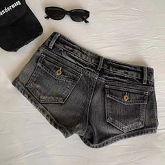Aiertu - Y2k Harajuku Hot Girls Black Low Waist Denim Shorts Womens Loose and Versatile Stretch Hip Covering Slimming Jean Shorts Aiertu