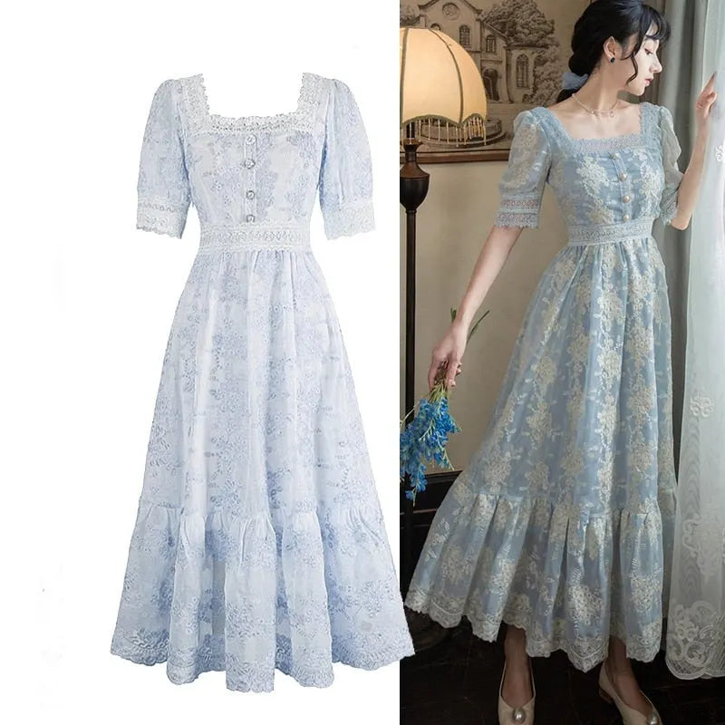 Aiertu Sweet Soft Girl A Line Dress Summer Lace Embroidery Button Decor Party Dresses Casual Street Boho Vestidos Midi Feminino Aiertu