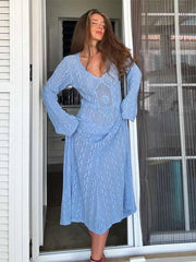 Aiertu - Casual Knitted Transparent Long Dresses Women Hollow Out Blue V-neck Full Sleeves Female Dress 2026 Autumn New Holiday Lady Robe Aiertu