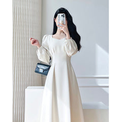 Aiertu Vintage White Midi Dresses for Women New Autumn Elegant Fashion Square Neck Long Sleeves Bride Wed Female Clothing Aiertu