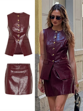 Aiertu Fashion Leather Mini Skirt Sets Women Sleeveless Button Vest Jacket Hip Package Short Skirt Suits 2025 Female Motorcycle Outfits Aiertu